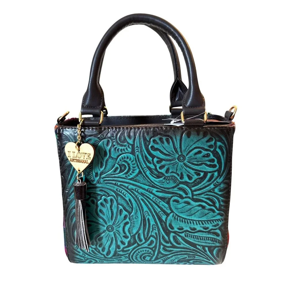 Tooled aqua with Floral  tapestry embroidery crossbody‎ shoulder satchel